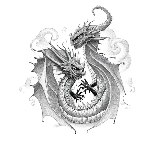 Medieval mother dragon holding baby dragon  tattoo design idea