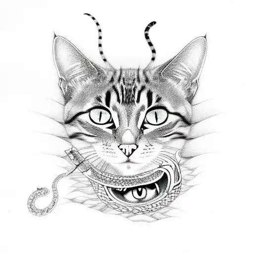 A cat based on Japanese/Chinese legends with a serpent's eye and a lot of eyes t tattoo design idea