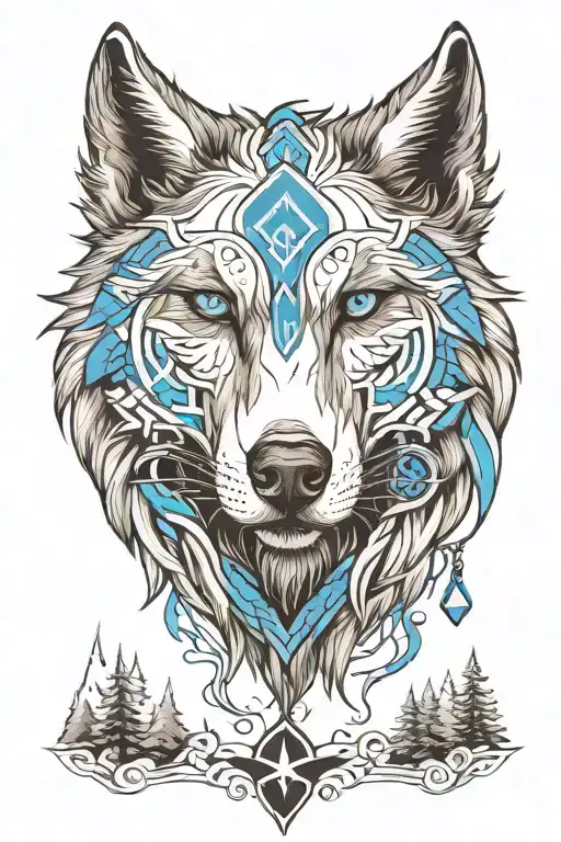 fierce wolf with piercing blue eyes, Norse runes uruz and algiz incorporated with mountain and trees.  tattoo design idea