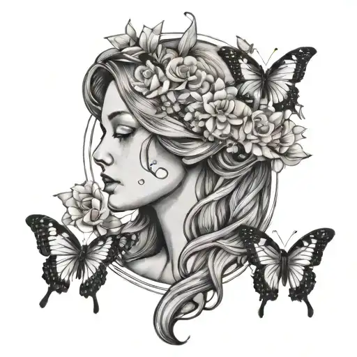 A portrait of a serene Virgo maiden surrounded by blooming flowers and butterflies in black-grey style tattoo design idea