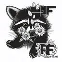  raccoon with two daisy's representing the letters E and F tattoo design idea