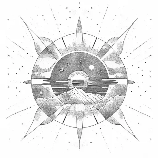 A celestial scene with a star-filled sky and a radiant sun shining over a mountain peak tattoo design idea