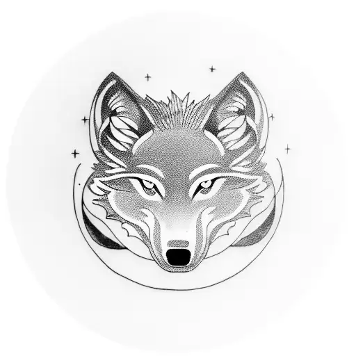 A blackwork tattoo of a wolf howling at the moon in front of a silhouette of the Death Star from Star Wars tattoo design idea