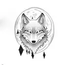 A blackwork tattoo of a wolf howling at the moon in front of a silhouette of the Death Star from Star Wars tattoo design idea