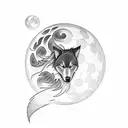 A blackwork tattoo of a wolf howling at the moon in front of a silhouette of the Death Star from Star Wars tattoo design idea