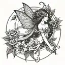 fairy . flowers ans sun line work tattoo design idea