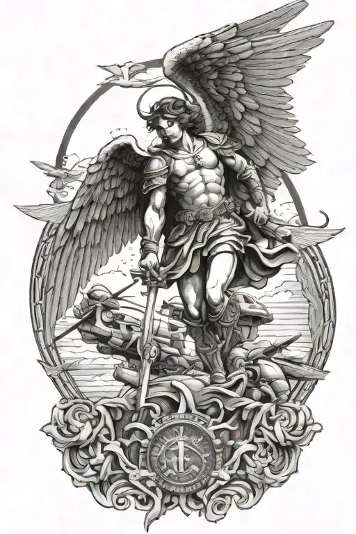 St. Michael angel with military helicopters flying tattoo design idea