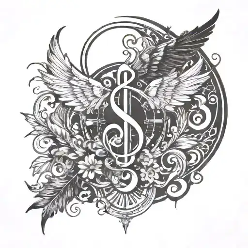 key clef g with wings and a stand clock minimalist representing time in our life tattoo design idea