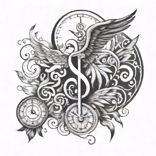 key clef g with wings and a clock minimalist representing time in our life tattoo design idea