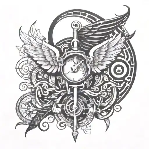 key clef g with wings and a clock minimalist representing time in our life tattoo design idea