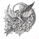 key clef g with wings and a stand clock minimalist representing time in our life tattoo design idea