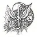 key clef g with wings and a stand clock minimalist representing time in our life tattoo design idea