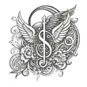 key clef g with wings and a stand clock minimalist representing time in our life tattoo design idea