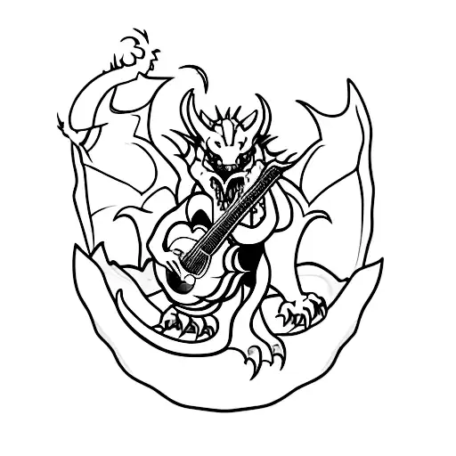 A fierce dragon wielding a guitar, surrounded by DOTA 2 heroes tattoo design idea