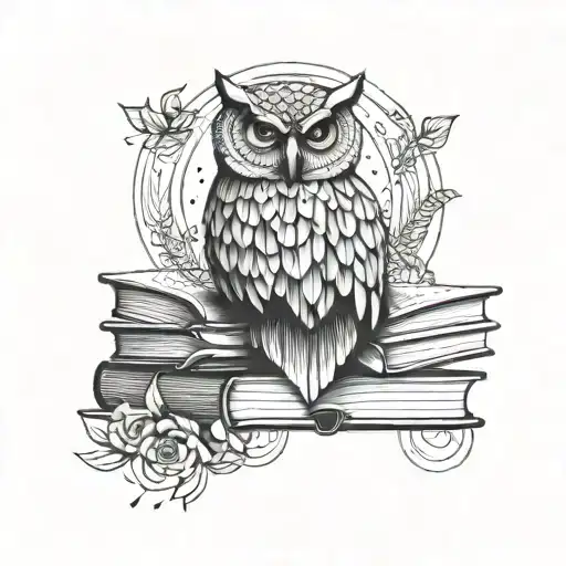 A geometric rose intertwined with a wise owl perched on a stack of books, symbolizing knowledge and growth tattoo design idea