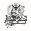 A geometric rose intertwined with a wise owl perched on a stack of books, symbolizing knowledge and growth tattoo design idea