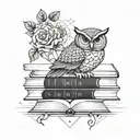 A geometric rose intertwined with a wise owl perched on a stack of books, symbolizing knowledge and growth tattoo design idea