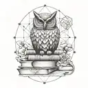 A geometric rose intertwined with a wise owl perched on a stack of books, symbolizing knowledge and growth tattoo design idea