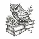 A geometric rose intertwined with a wise owl perched on a stack of books, symbolizing knowledge and growth tattoo design idea