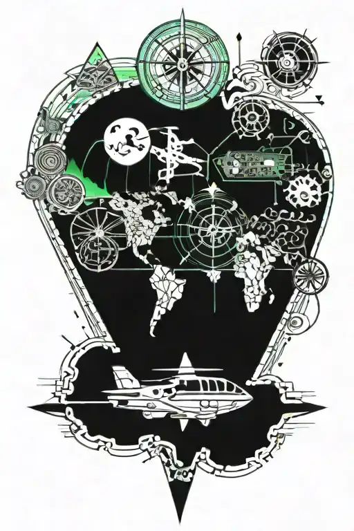 A compass in the middle, under it is the world map, above all is the globe and a plane, with an ace card hidden somewher tattoo design idea