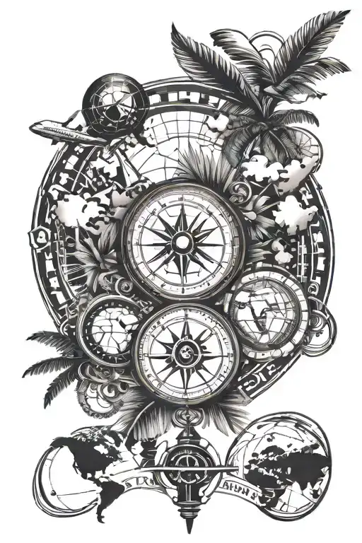Compass with a world map, a clock, palm tree motives and an ace card, a plane above and a globe tattoo design idea