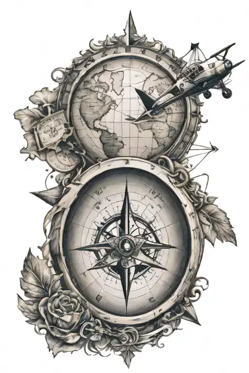 A compass in the middle, under it is the world map, above all is the globe and a plane, with an ace card hidden somewher tattoo design idea
