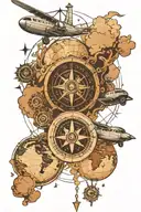 A compass in the middle, under it is the world map, above all is the globe and a plane, with an ace card hidden somewher tattoo design idea