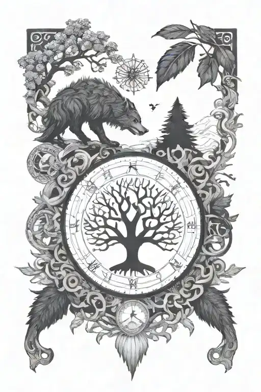 Incorporate the Vegvisir, yggdrasil and fenrir symbol into a blackwork design inspired by Norse and hindu mythology tattoo design idea