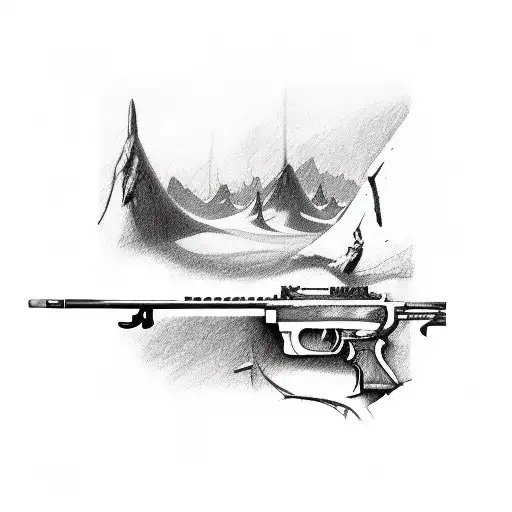A pencil and paintbrush crossed with a rifle tattoo design idea