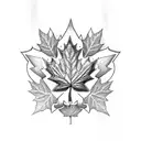 An intricate dotwork tattoo of a maple leaf surrounded by video game controller buttons, symbolizing the client's love for Canada and video games. tattoo design idea