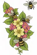 lantana flowers with blossoms, leaves and bees. tattoo design idea