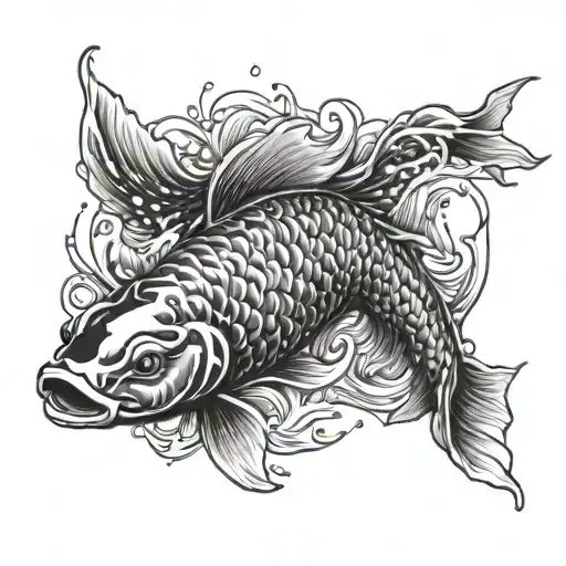 A detailed koi fish swimming upstream, representing determination and perseverance tattoo design idea
