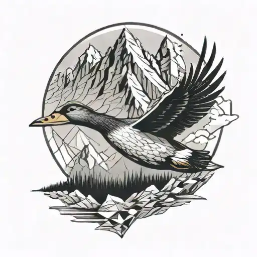 duck flying with mountain backdrop full sleeve tattoo tattoo design idea