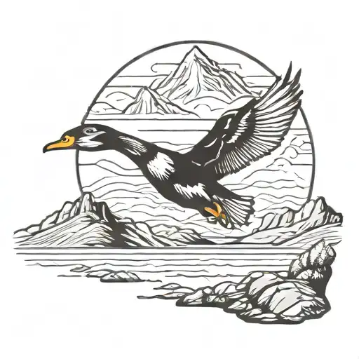 duck flying with mountain backdrop full sleeve tattoo tattoo design idea