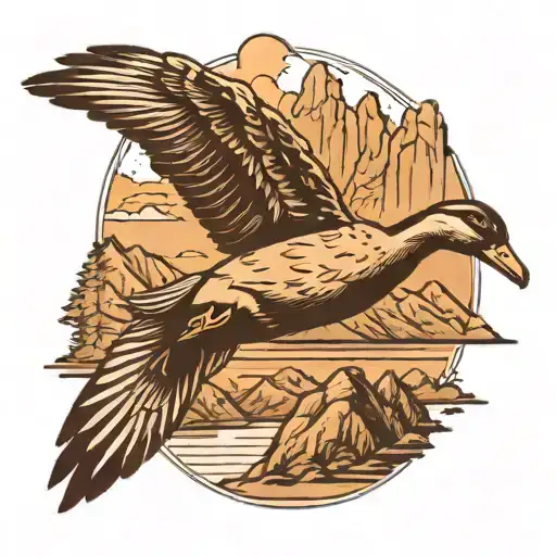 duck flying with mountain backdrop full sleeve tattoo black and white tattoo design idea