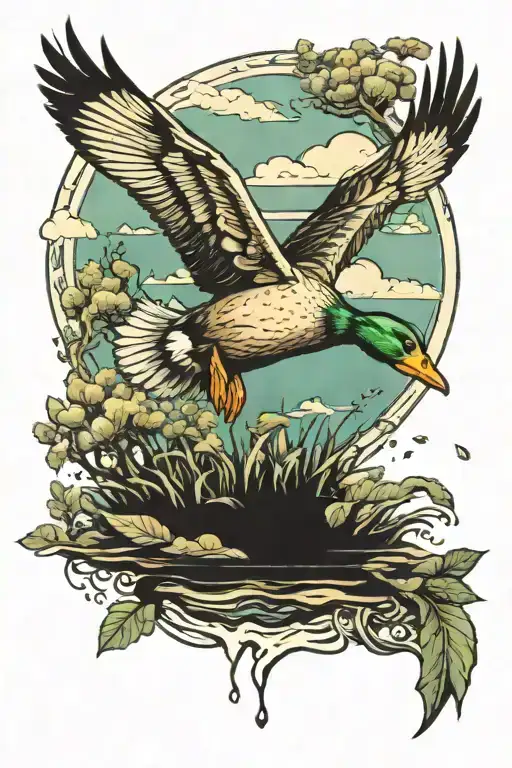duck flying with nature scene tattoo design idea