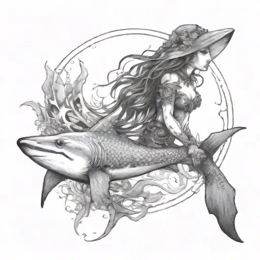 A hauntingly beautiful scene of a mermaid with shark and manta ray companions in a dark and surreal underwater world tattoo design idea