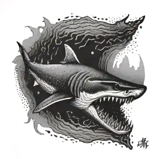A creepy and dark interpretation of a shark emerging from the shadows in a South East Asian seascape tattoo design idea