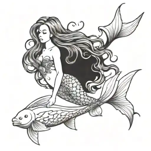 A mermaid with long flowing hair swimming alongside a manta ray in the depths of the ocean tattoo design idea