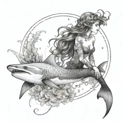A hauntingly beautiful scene of a mermaid with shark and manta ray companions in a dark and surreal underwater world tattoo design idea