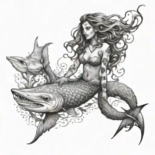 A hauntingly beautiful scene of a mermaid with shark and manta ray companions in a dark and surreal underwater world tattoo design idea