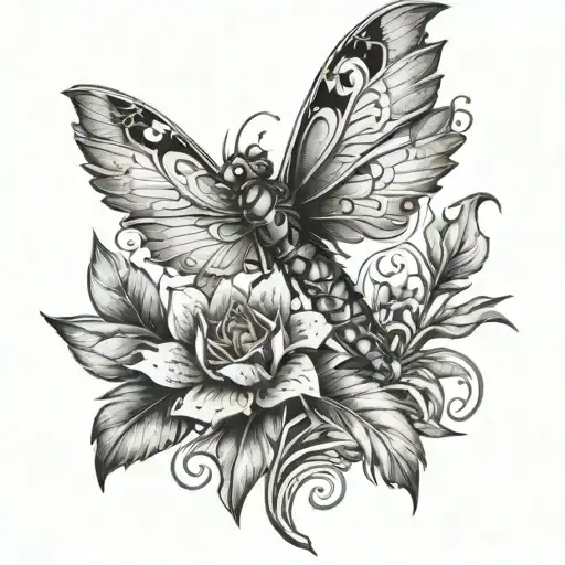 native american, flame with a dragon fly add some greenery tattoo design idea