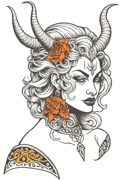 Gilticus in the image of a domineering succubus, with horns, straight hair and combed back at the temples, with horns, c tattoo design idea