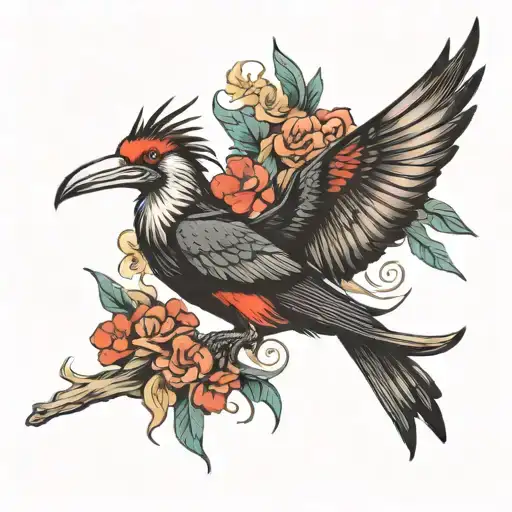 Perched Frigate Bird with a tail made  up of many frigate birds tattoo design idea