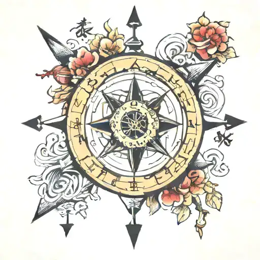 Compass with 4 keys of virtues. Courage. Patience. Fortitude. Gratitude. In japanese caligraphy.  tattoo design idea