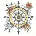 Compass with 4 keys of virtues. Courage. Patience. Fortitude. Gratitude. In japanese caligraphy.  tattoo design idea
