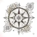 Compass with 4 keys of virtues. Courage. Patience. Fortitude. Gratitude. In japanese caligraphy.  tattoo design idea