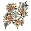 Compass with 4 keys of virtues. Courage. Patience. Fortitude. Gratitude. In japanese caligraphy.  tattoo design idea