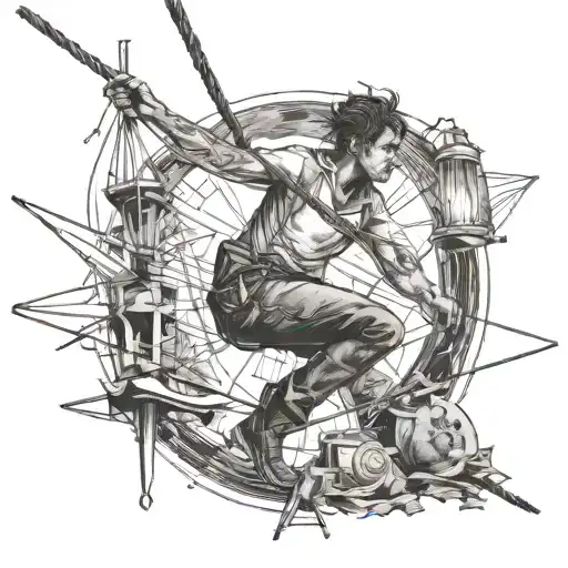 based on the song pyrokinesis addiction the tattoo depicts a tightrope walker with a pole walking on a tightrope tattoo design idea