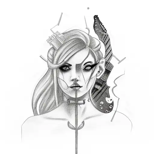 A black-grey tattoo of a rock n roll symbol intertwined with a girl playing a guitar tattoo design idea